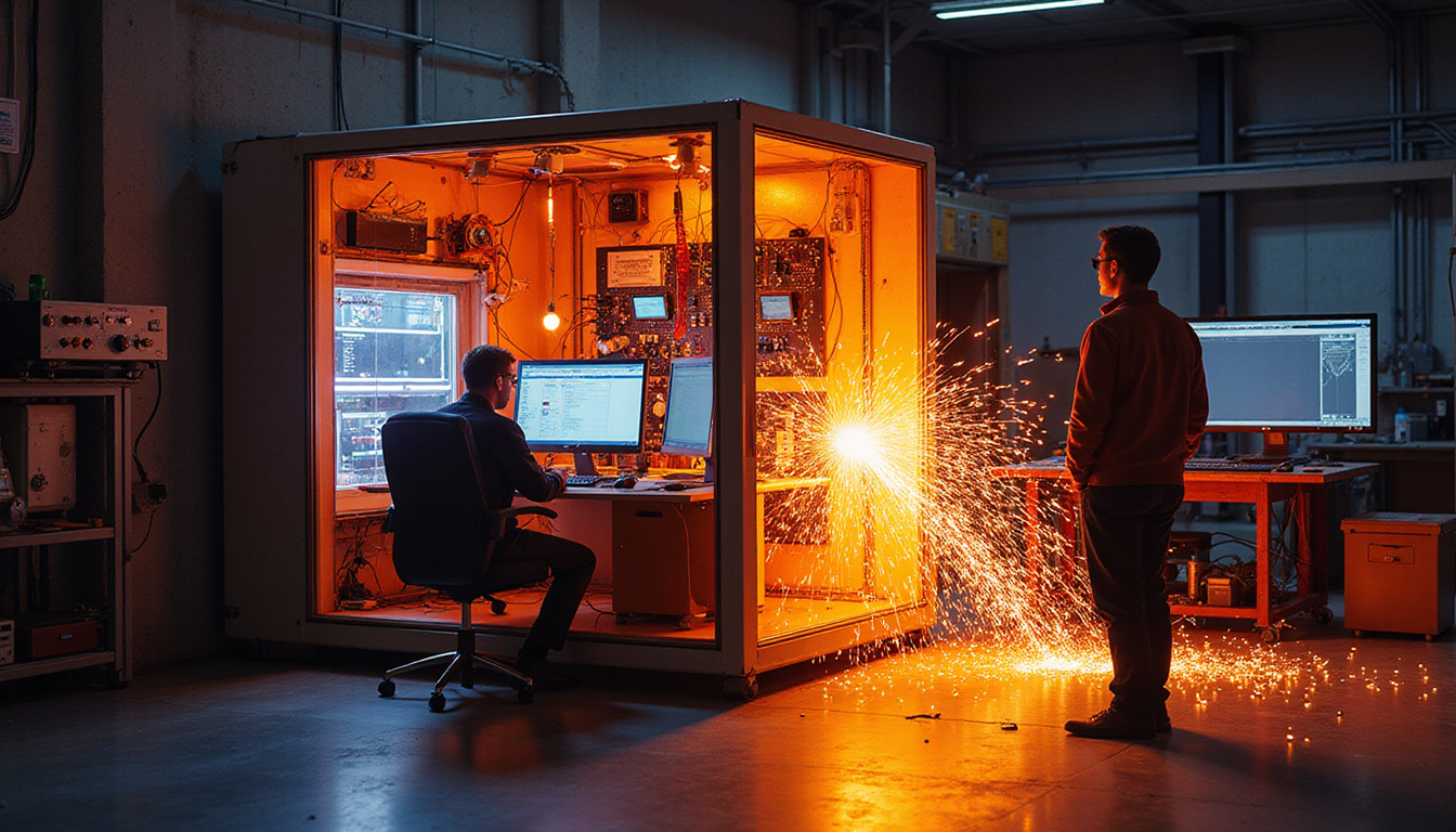 Close-up electronics inside glowing Faraday cage, sparks outside from solar flare, technicians monitoring instruments