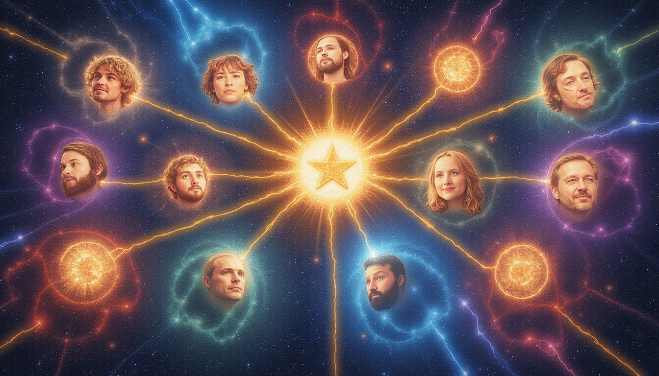  Twelve star-sign avatars radiating magnetic energy, colorful auroras, golden synastry lines connecting hearts