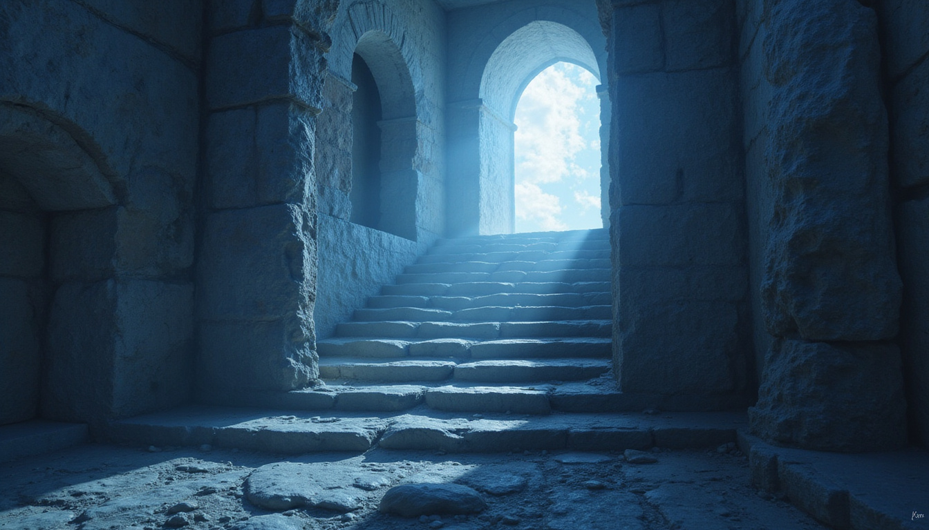 Moonlit ledger of karma, spectral hands rewriting fate while upward staircase blocked by shadow