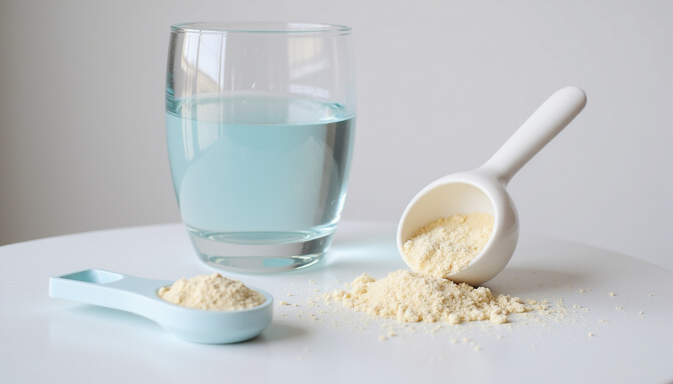  Hydrolyzed collagen powder scoop beside glass of water, elastic joints illustration, healthy hair strands
