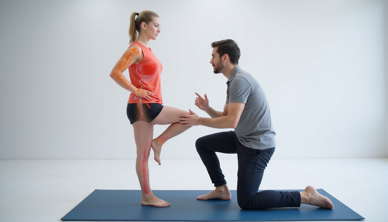 Athletic patient performing controlled single-leg balance exercise, physical therapist coaching, translucent anatomy overlay