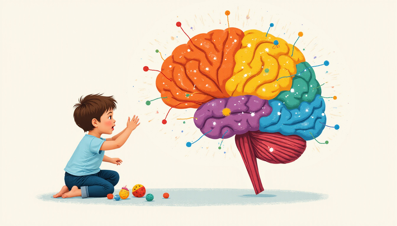  Illustration of brain network overlays showing motor pathways, child reaching for colorful toy, hopeful expression
