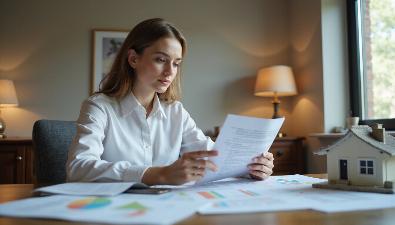 Real estate investor studying floorplans and price charts beside model villa, warm office lighting