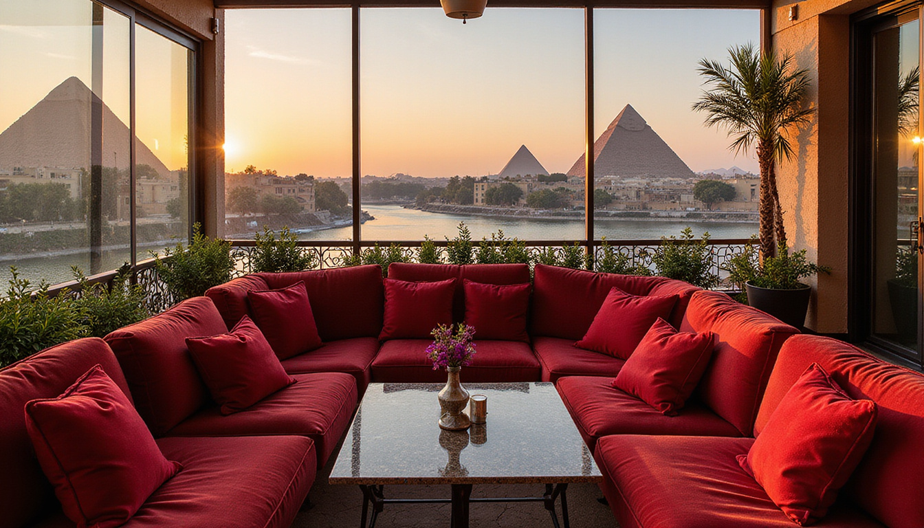 Rooftop terrace overlooking Nile and pyramids, plush velvet seating, stained glass, vintage charm