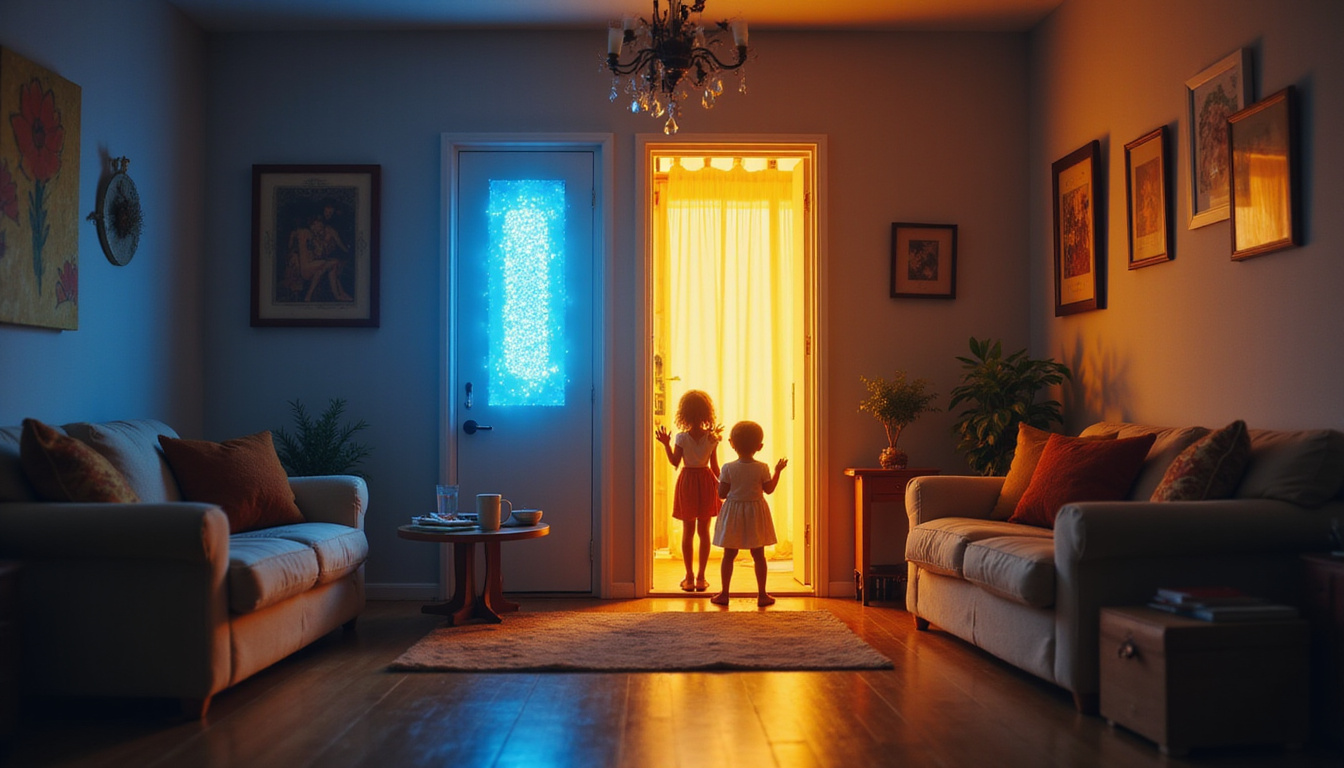  Cozy home interior with glowing mezuzah on doorway radiating protective blue-gold aura, family silhouettes praying