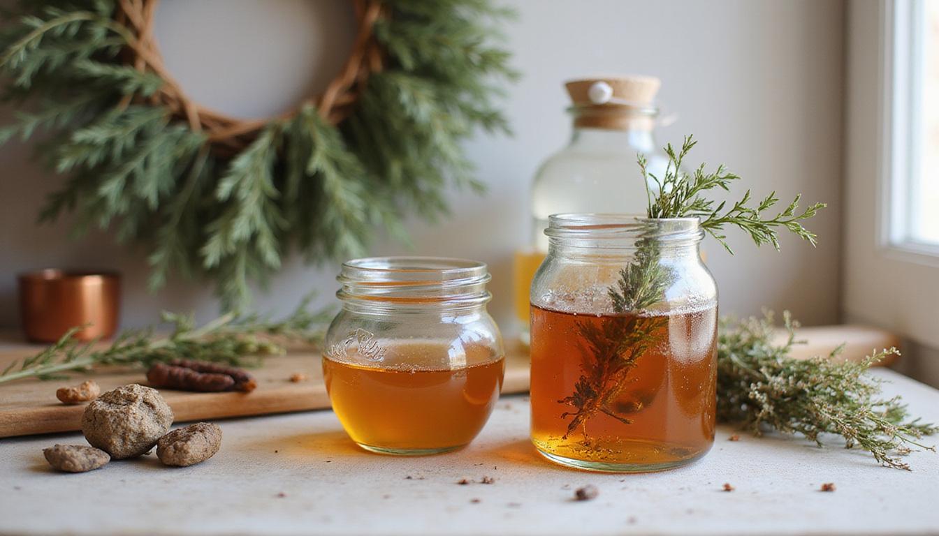 Cozy kitchen scene: jarred bayberry tinctures, woven wreath, herbal remedies drying nearby
