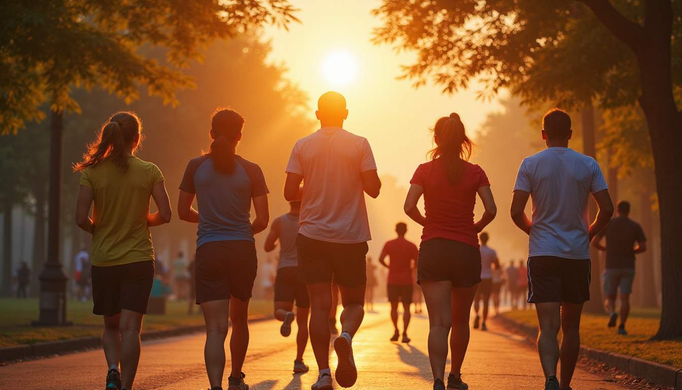  Morning jog at sunrise, diverse people, wearable trackers, leafy park, vibrant energy, determined faces