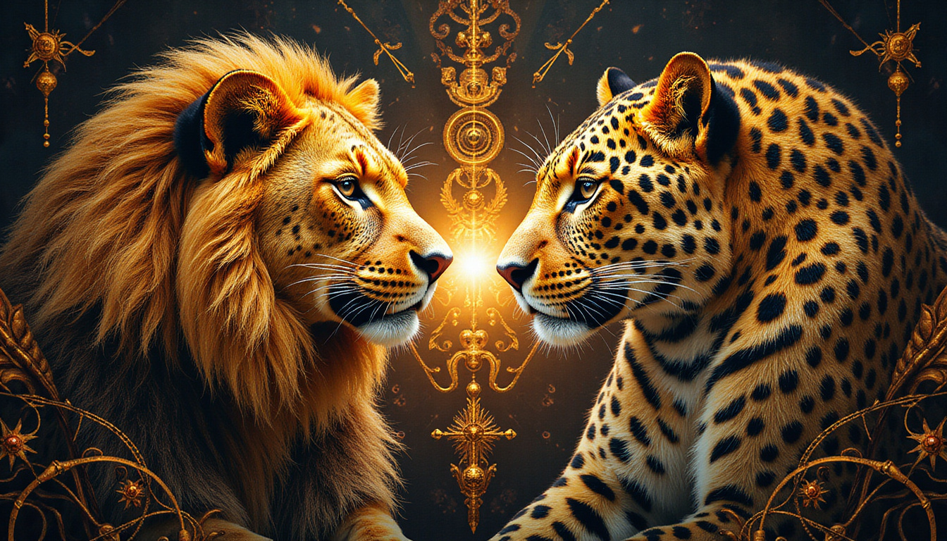  Golden lion and leopard merging with ancient masks, geometric motifs, luminous spiritual aura