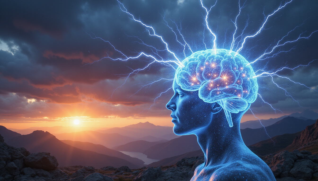  Ancient thunderbolt weapon transforming into crystalline neurons, human brain blooming, mountains and sunrise