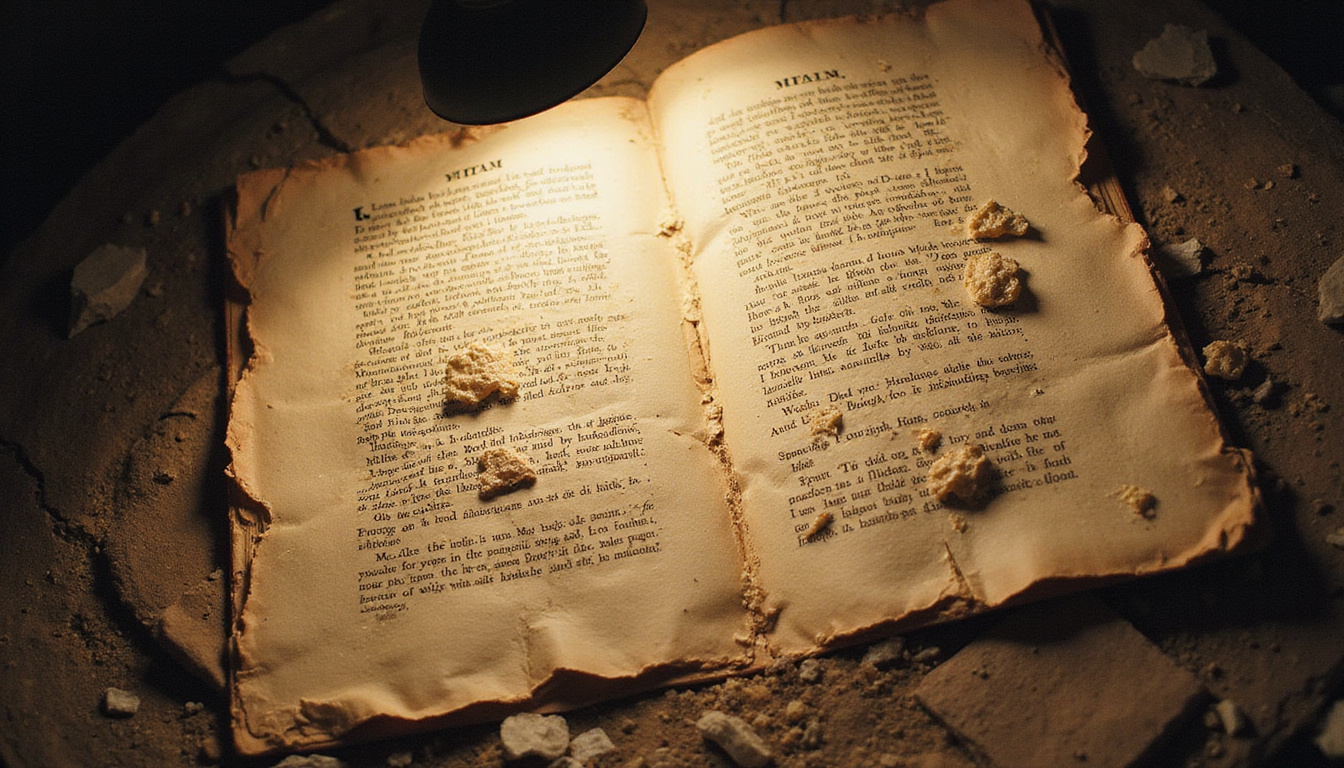 torn trial documents, shattered witch symbols, modern historians exposing myths under cold lamplight