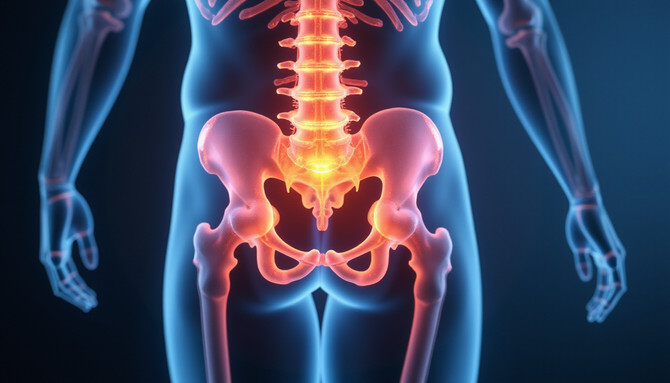  Transparent anatomical overlay of hip external rotators glowing, pain points fading, clinical lighting