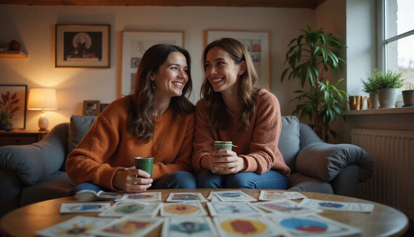 Intimate cozy living room, partners laughing, tarot cards and star charts predicting harmonious habits