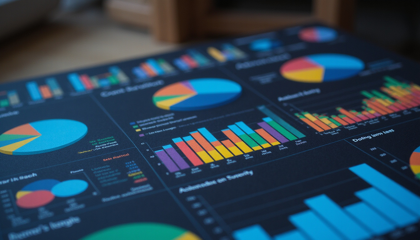 Data storyteller arranging colorful bar, line, and pie charts into cohesive narrative, soft studio light