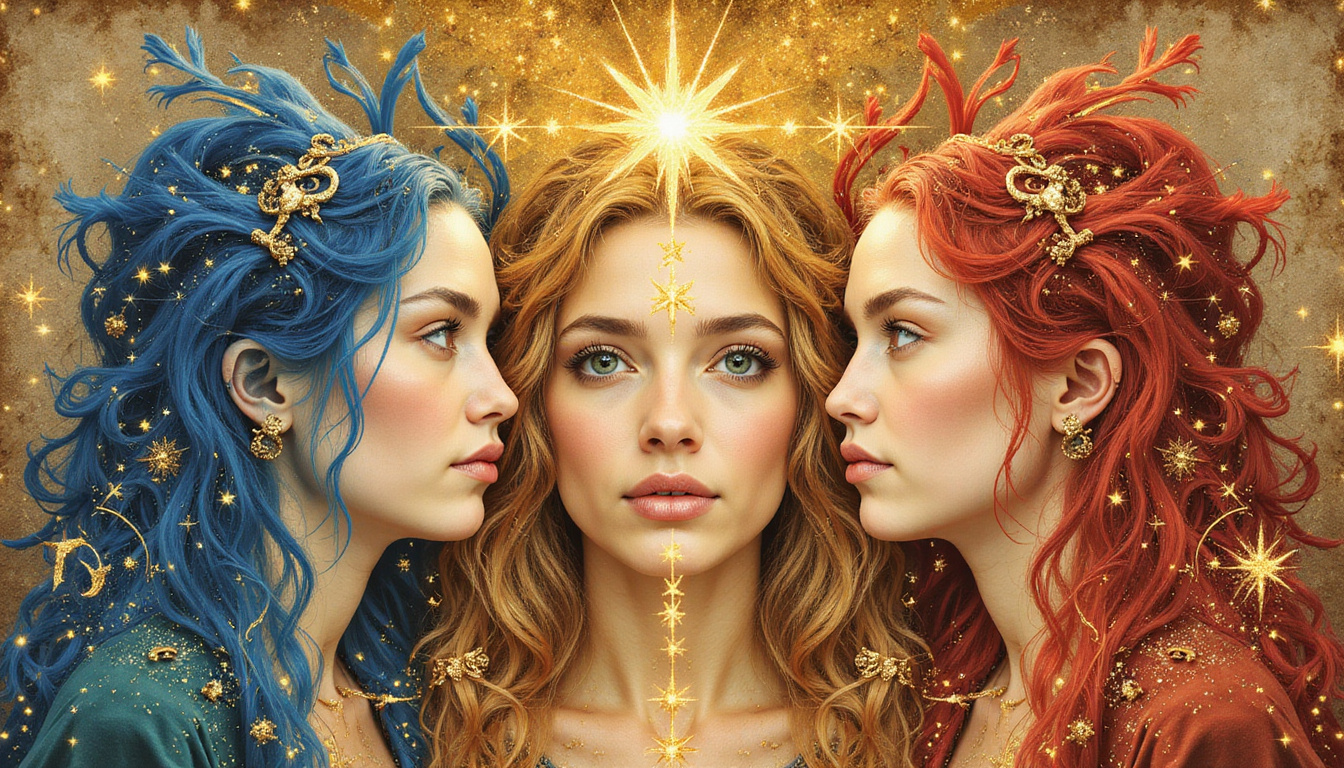 Ethereal portrait blending zodiac faces with three-decans, golden starbursts, parchment, alchemical sigils
