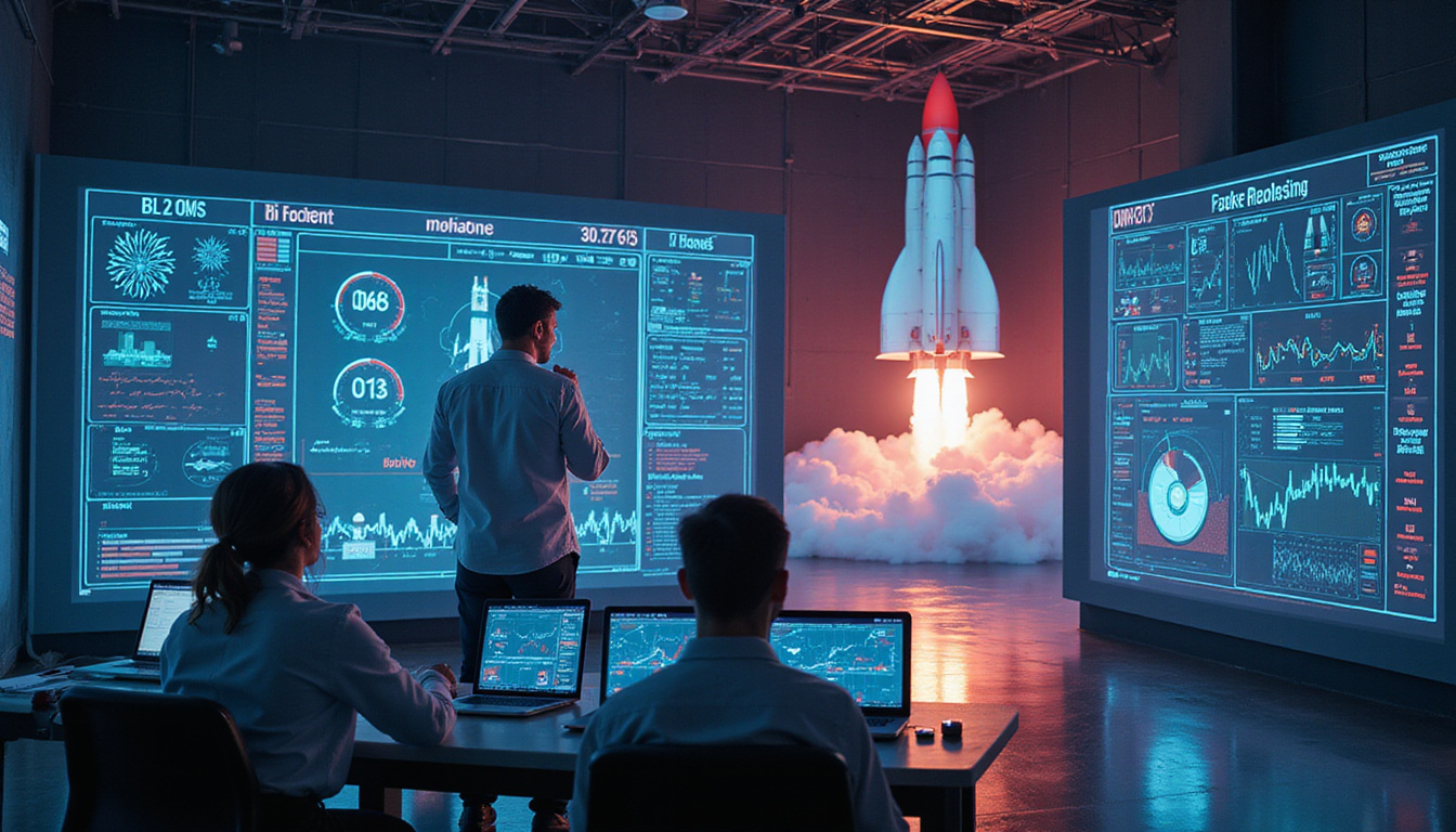Engineers monitoring neon dashboard, rockets launching from streamlined pipeline, faster rollouts, futuristic control room