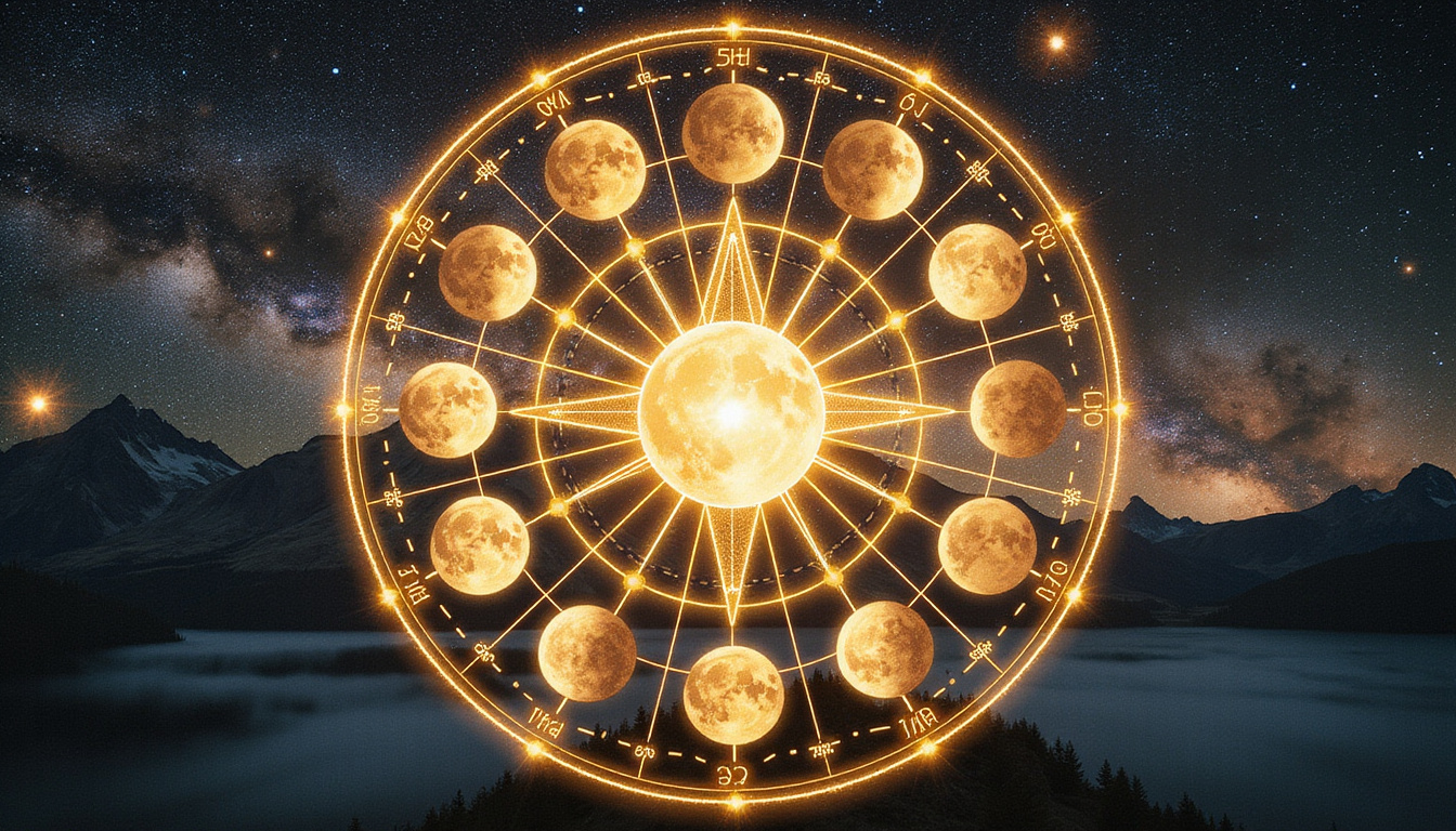 Ethereal celestial chart overlay, phases of moon, ritual tools, golden light, introspective spiritual transformation