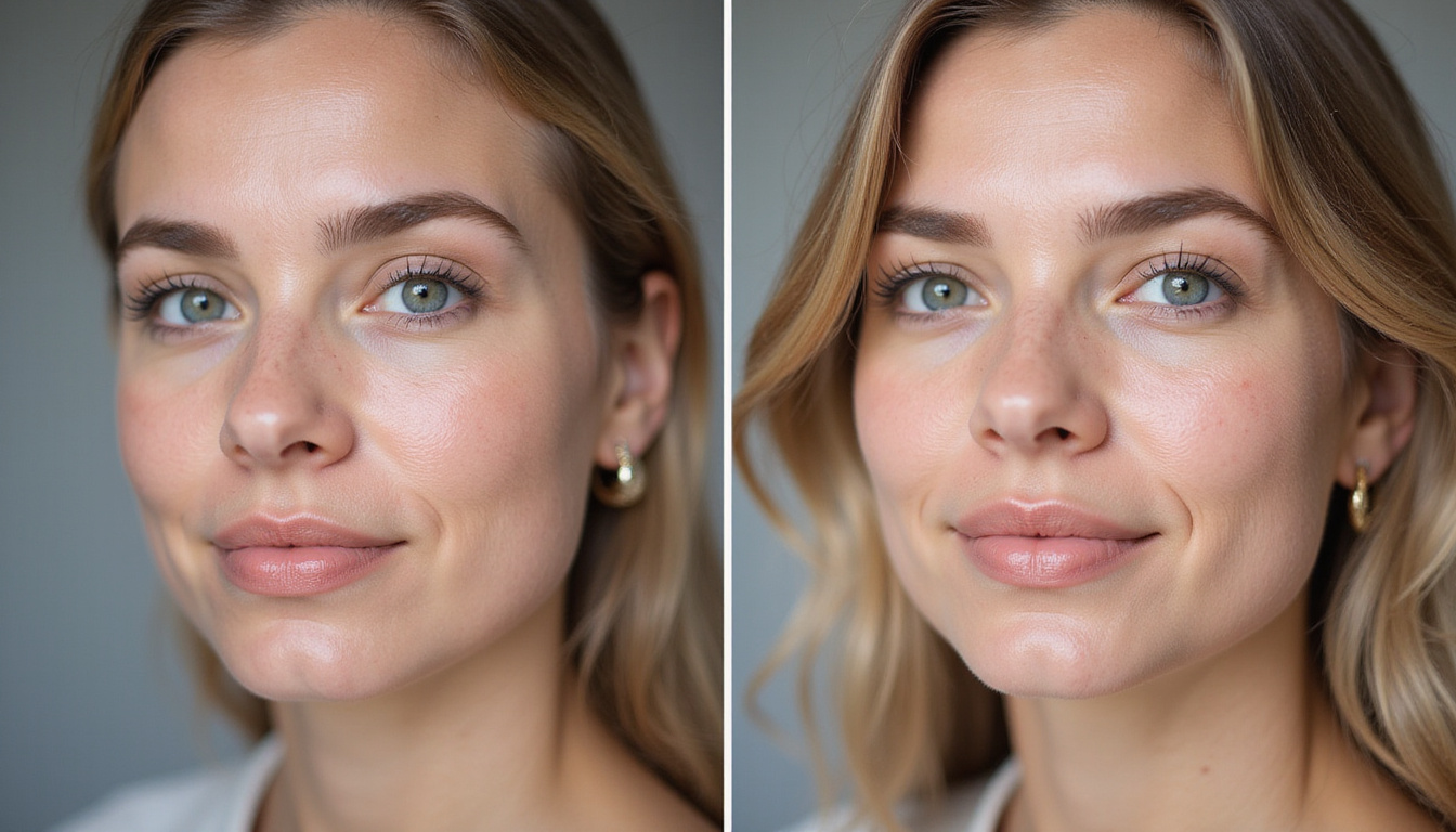  Before-and-after split portrait showing smoother youthful skin, tiny collagen molecules glowing, minimalist background