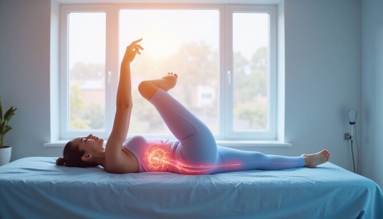  Calm patient stretching, transparent anatomical overlay shows reduced inflammation, soft pastel therapy room