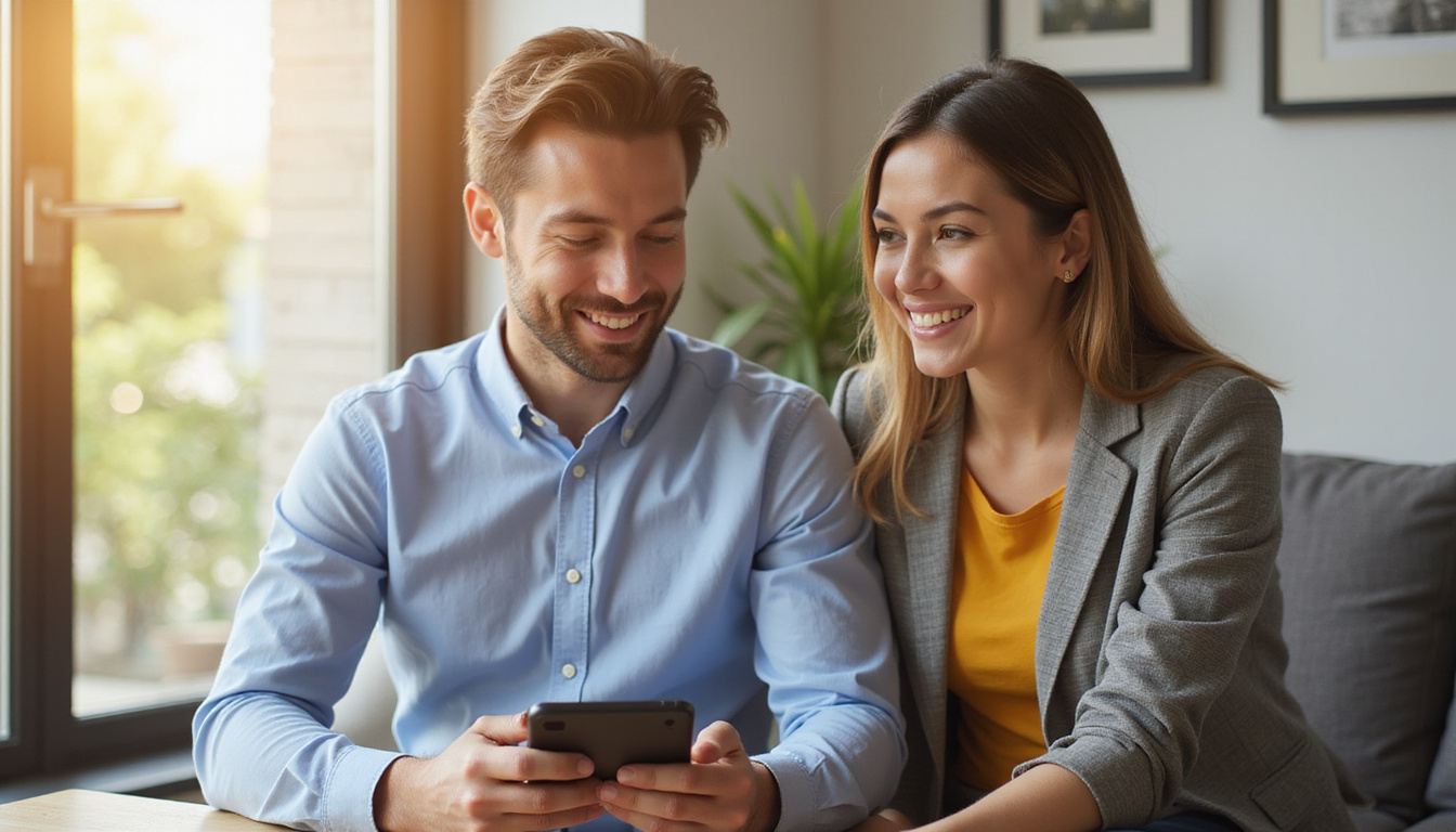 Landlord and tenant smiling over tablet, maintenance request approved, chat bubbles, warm sunlight
