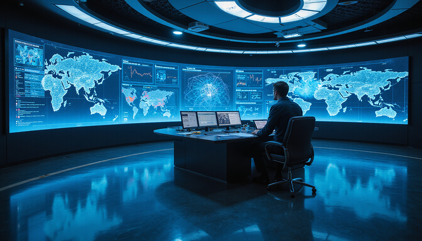 Futuristic operations control room with holographic charts predictable revenue streams luminous blue gold