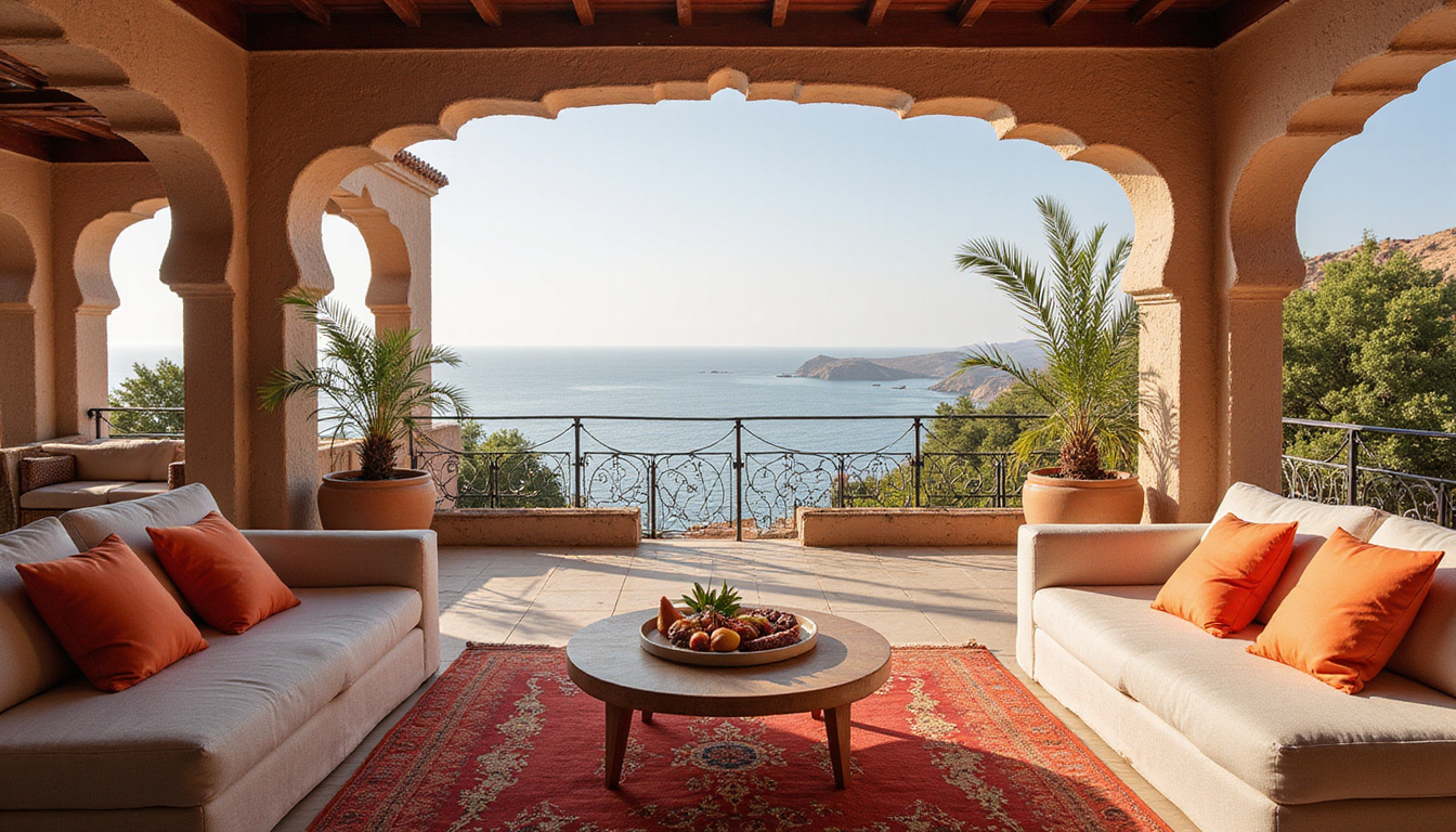 Luxurious rooftop terrace overlooking Red Sea, ornate Arabic architecture, silk cushions