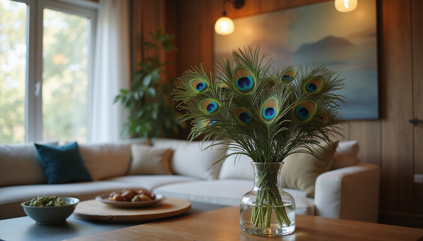 Elegant living room display of peacock feathers in glass vase, warm ambient lighting, refined