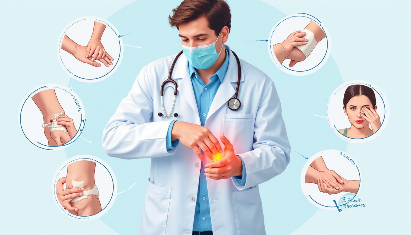  Doctor demonstrating seven illustrated strategies around inflamed hand joint, gentle therapies, braces, exercise icons