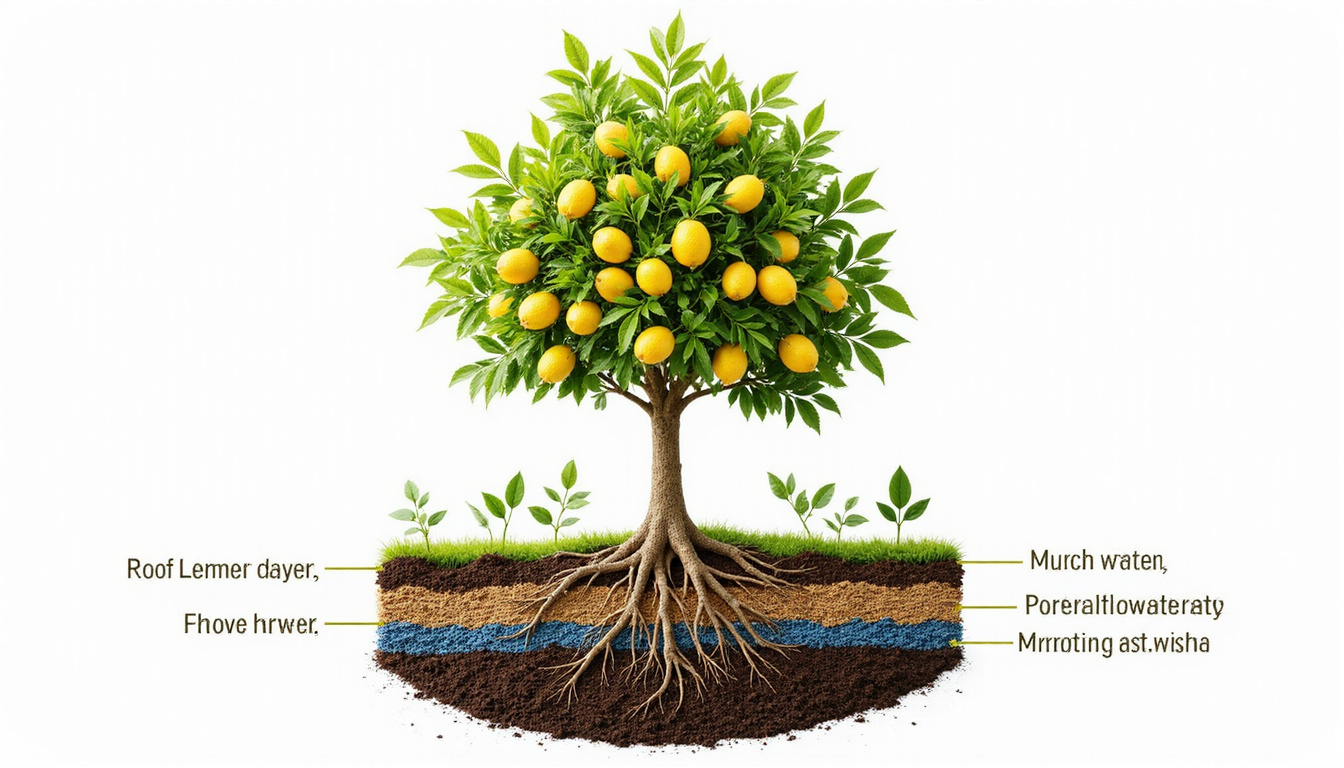 Cross-section illustration: root care, mulch layers, minimal watering, flourishing canopy bursting with lemons