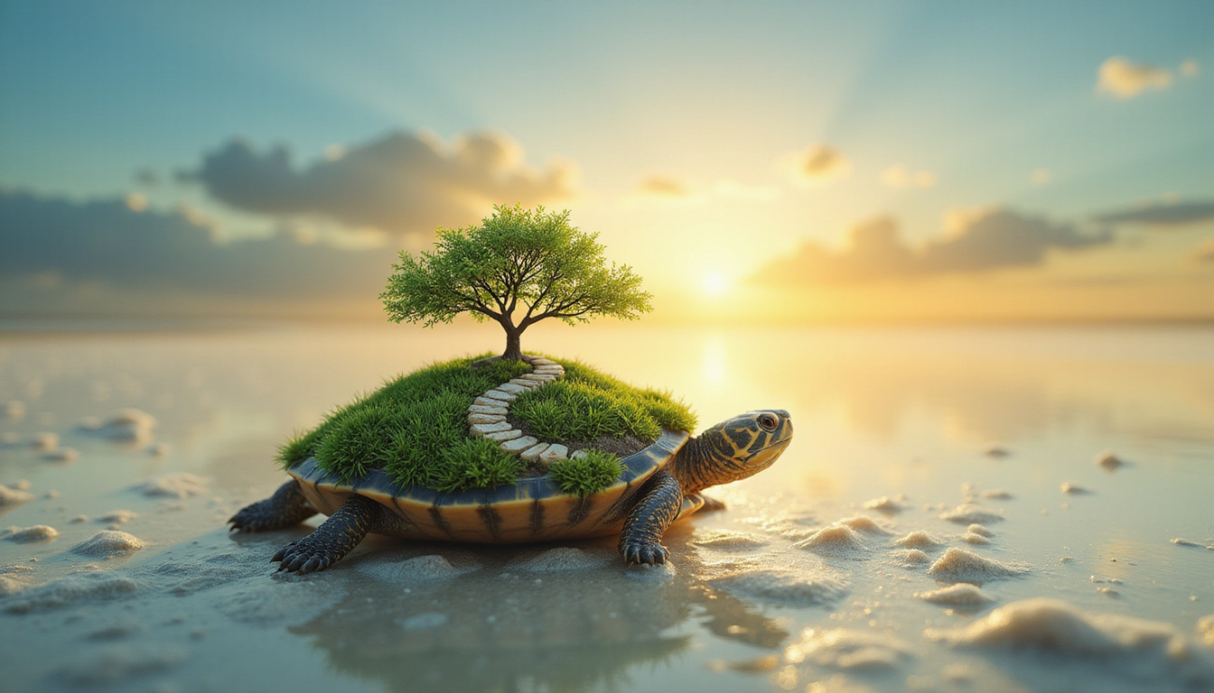 Turtle carrying miniature island and winding path on shell, symbolizing transformation, sunrise warmth