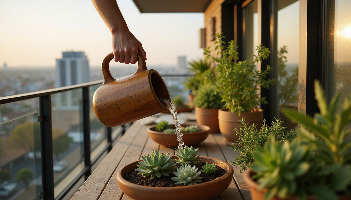  Urban balcony with handcrafted wooden kamandalu watering succulents, eco-friendly ritual, soft evening light