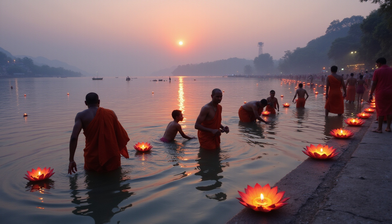  Riverside ghats at dusk, saffron-clad travelers bathing, incense smoke curling, lotus candles floating