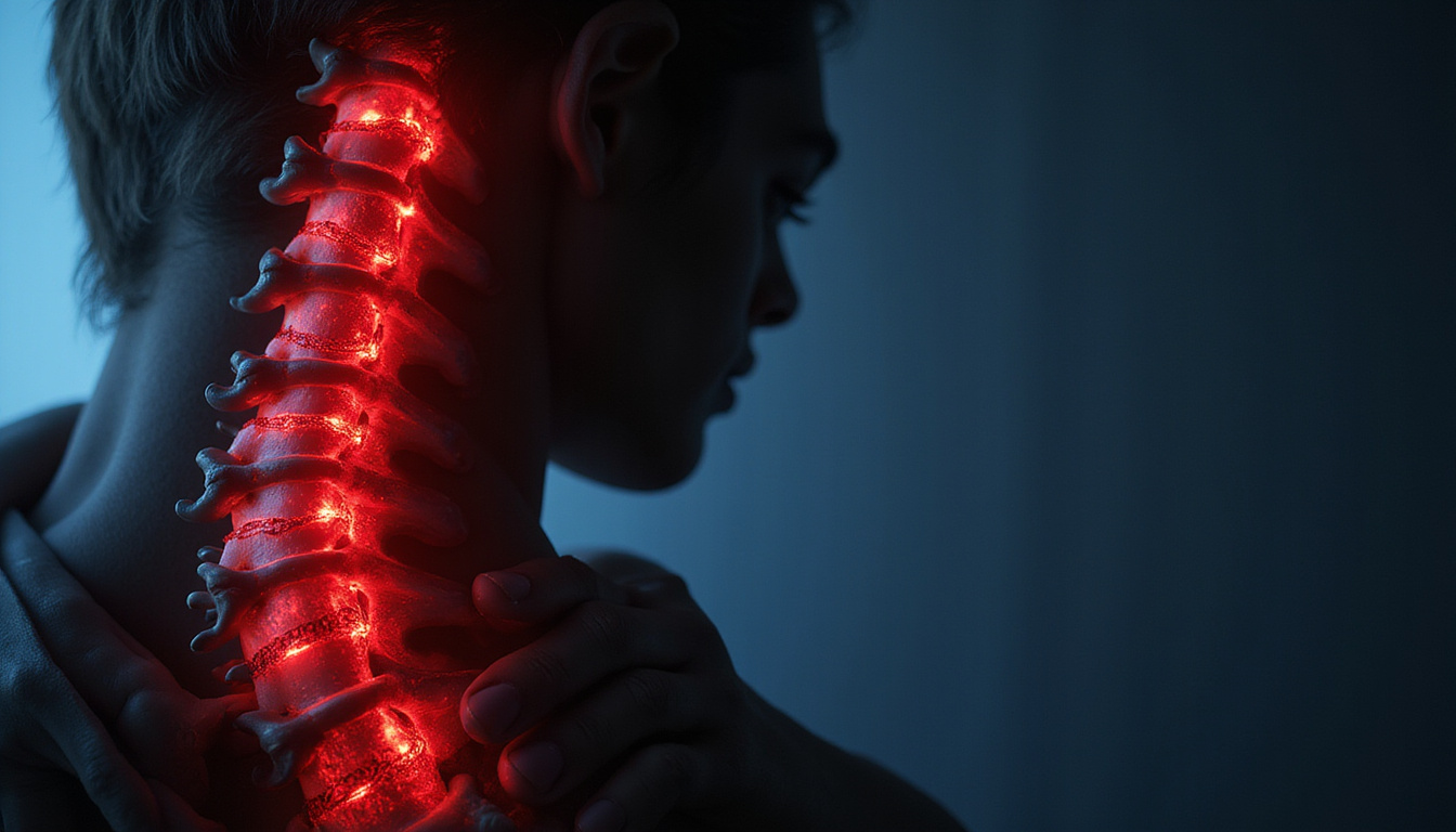 Dark dramatic spine with red highlighted risks, warning tape, fractured vertebra silhouette, recovery tools