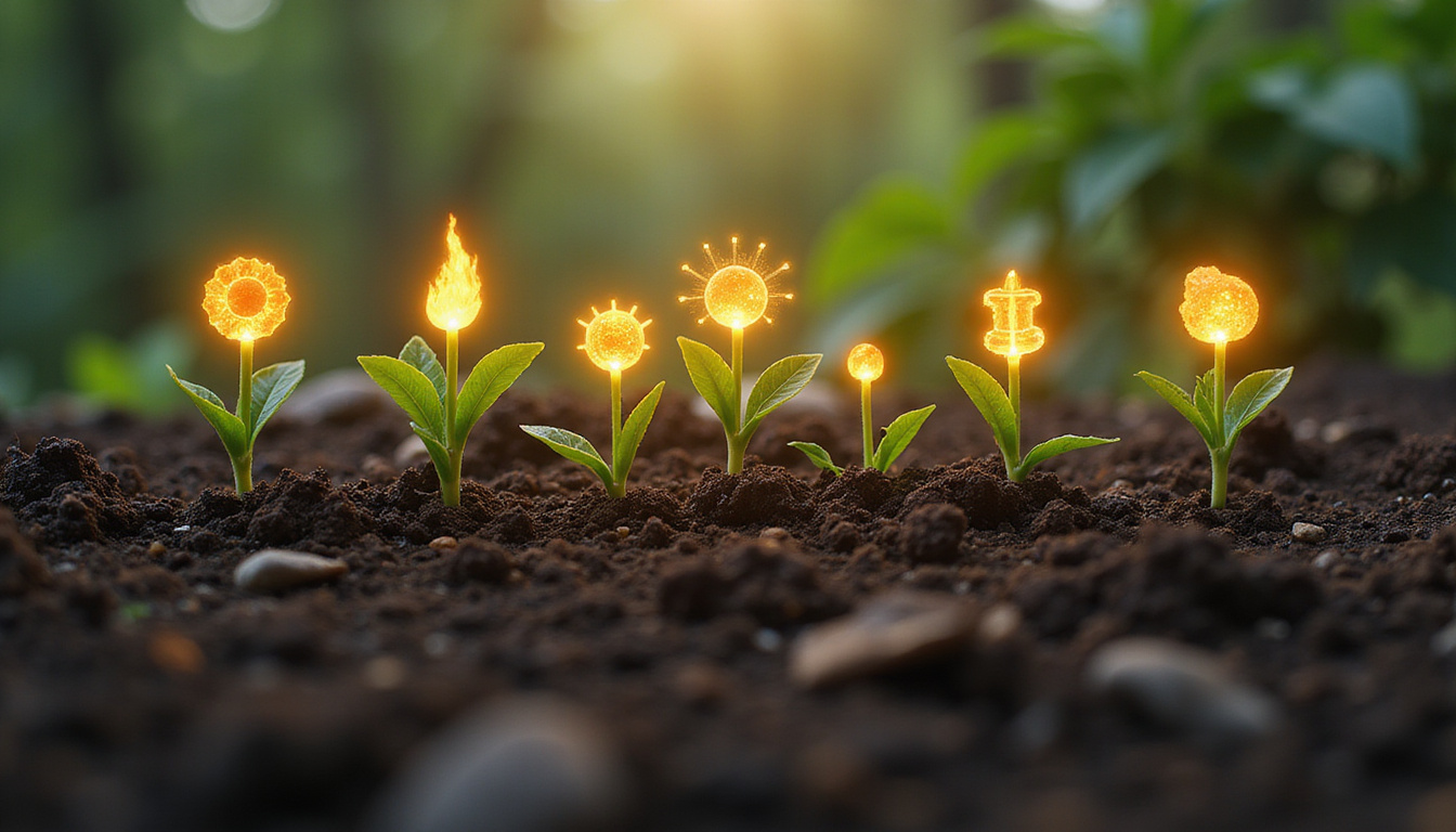 Rich soil landscape sprouting nine glowing symbols of discipline, patience, pragmatism, magnetizing success, ultra-detailed