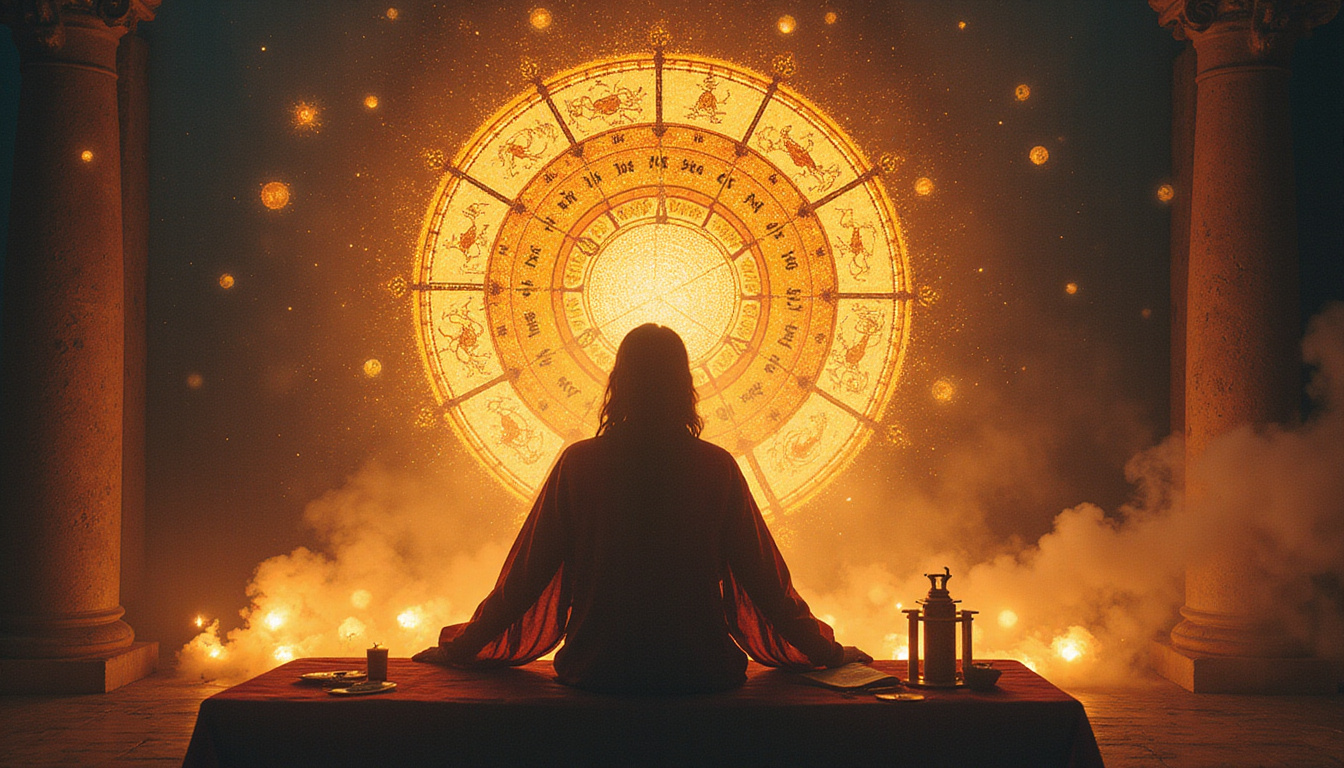  Ritualist silhouette with celestial chart, incense smoke, orbs of light, ethereal Renaissance style