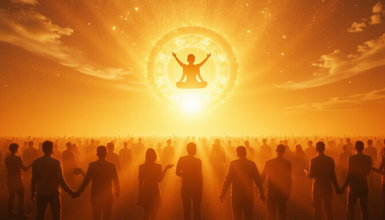  Morning ritual scene, zodiac symbols hover, sunlight charging people with harmonious golden energy