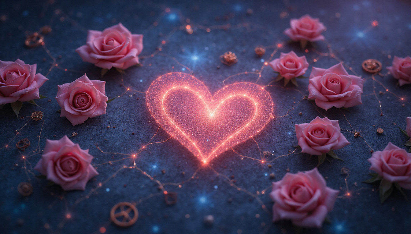  Romantic constellation scene showing zodiac signs entwined with roses and glowing heart constellations