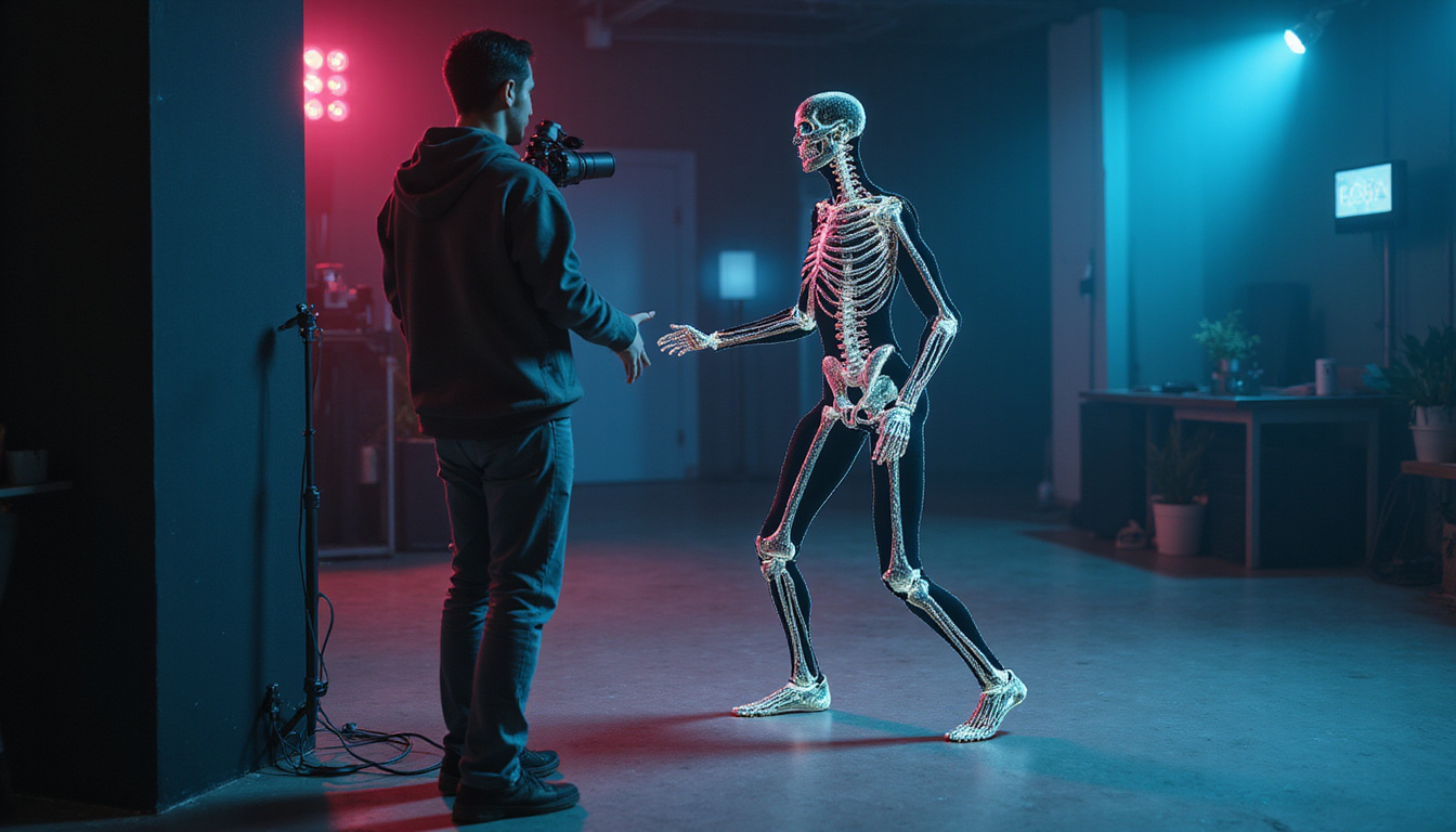 Smartphone markerless mocap setup, developer calibrating rig, real-time skeletal overlay, cinematic lighting