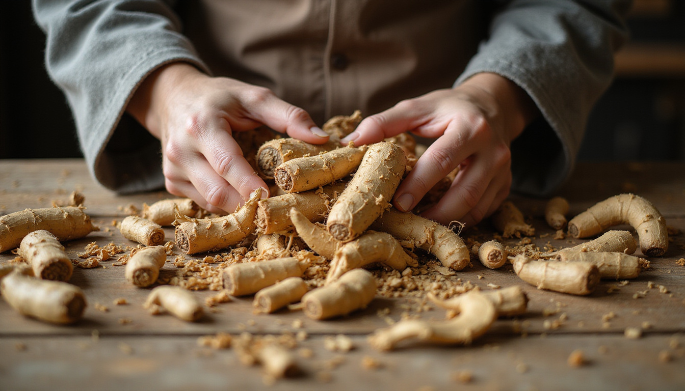  Elder herbalist selecting ginseng, dried roots on wooden table, soft morning light