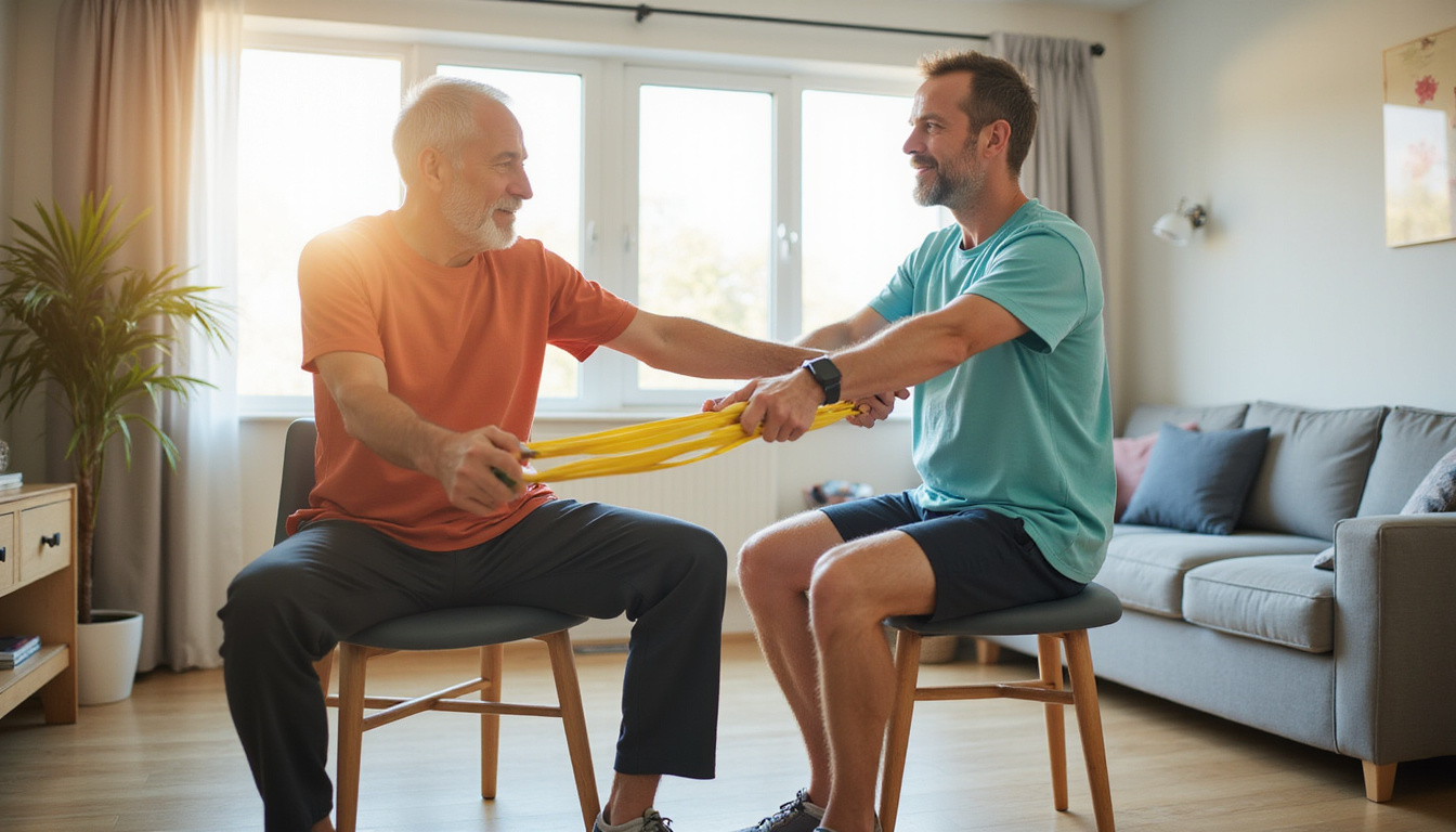 Home rehabilitation scene: resistance bands, chair support, elderly man improving mobility, sunlit living room