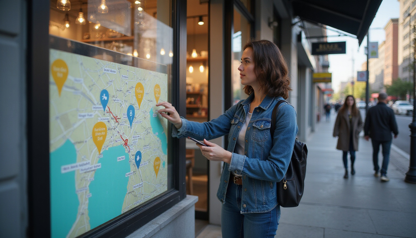  Business owner adjusts storefront sign while augmented reality navigation pins guide hungry pedestrians