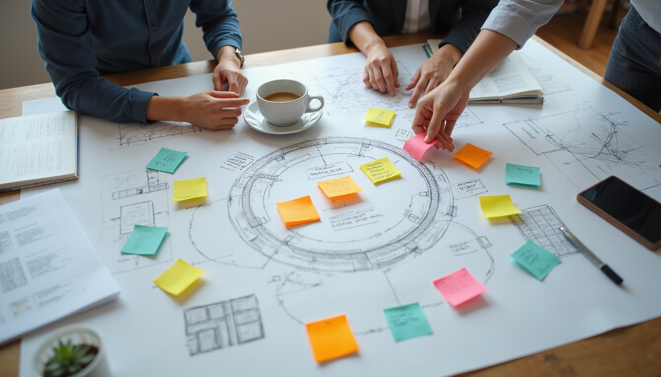 Corporate strategy table, blueprint sketches, sticky notes forming retention loop, coffee, collaborative hands