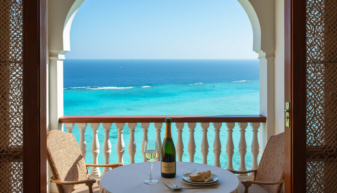  Elegant private suite balcony, ornate arabesque screens, champagne, panoramic view of turquoise coral reefs