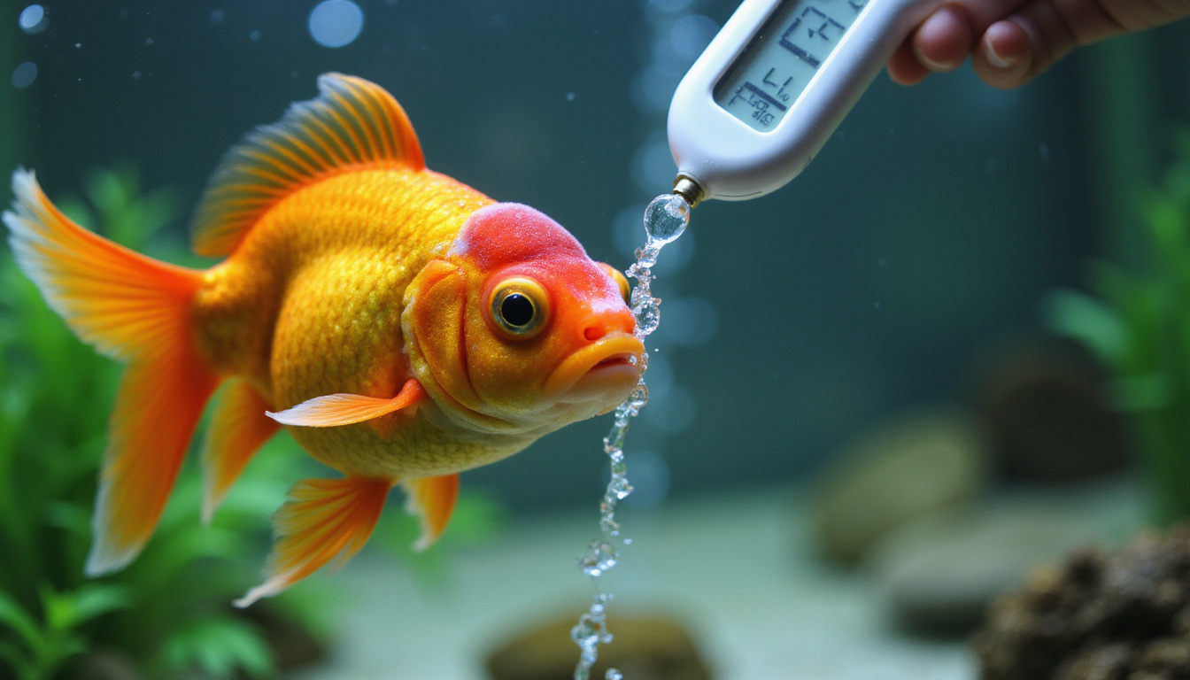 Close-up goldfish with healthy fins, bubbler, digital thermometer, aquarium hobbyist testing water