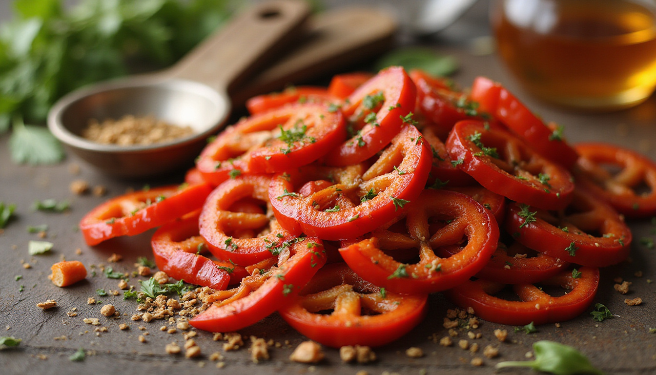 Closeup sliced chili seeds radiating heat with herbs, honey, measuring spoons, heart health glow