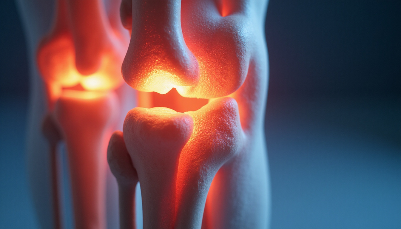  Close-up anatomical knee model with luminous viscosupplement injection, sealed patent stamp, financial graphs