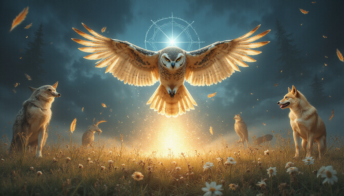  Open field altar with feathers, paws, owl and wolf apparitions, luminous sigils, ancient guidance