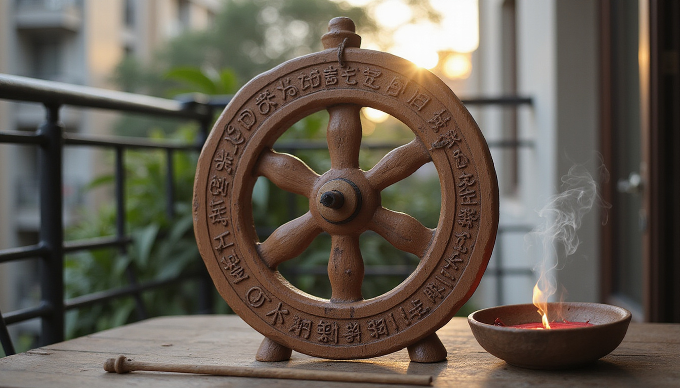 Rustic wooden dharma wheel engraved with Sanskrit, incense smoke, peaceful urban balcony meditation scene