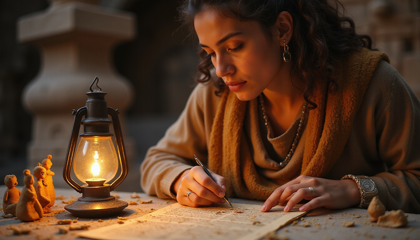  Archaeologist deciphering clay fertility figurines, dust motes, ancient scrolls illuminated by oil lamp