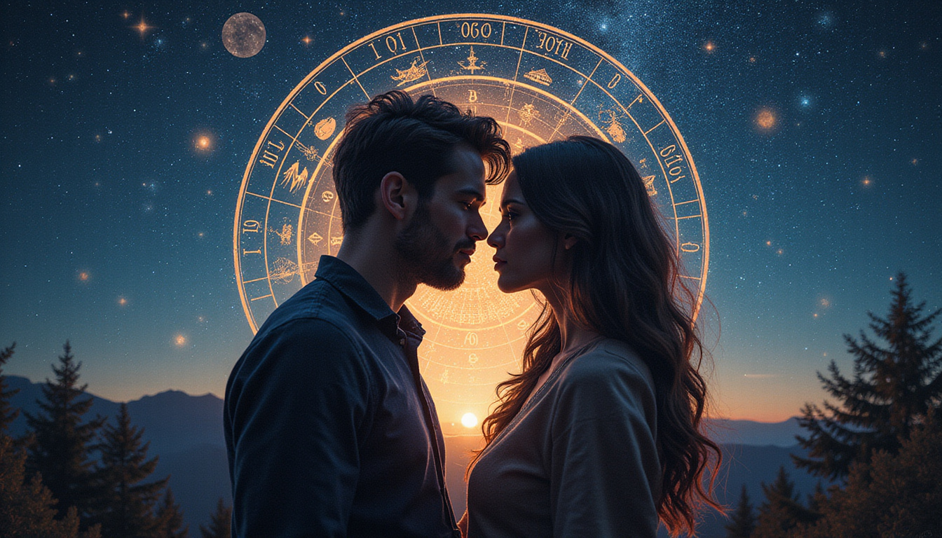 Intimate couple framed by celestial chart, descendant house highlighted, secret constellations whispering