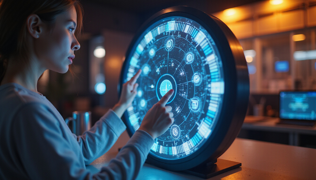 Person examining rotating data wheel, holographic decision nodes, warm cinematic lighting, futuristic studio
